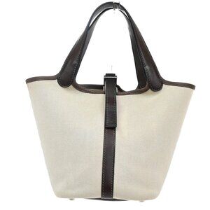 HERMES Logo Picotin 14 PM Hand Tote Bag Toile H Leather Brown SHW 689RL244